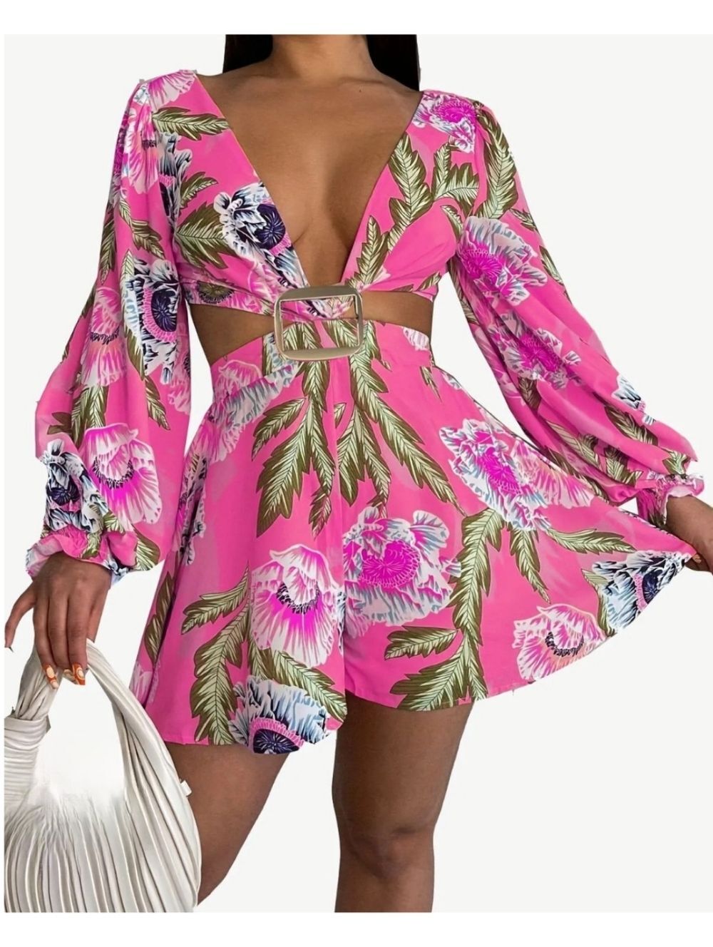 Pink Floral Cutout Buckle Size L Shorts Romper 3523-AG